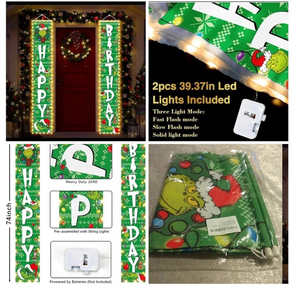 Other - Grinch Green Happy Birthday Banner with LED Lights new